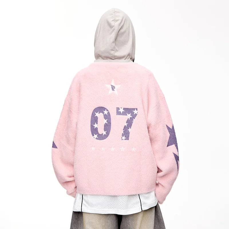 MWJLPWQ プリントフェイクファーVネックプルオーバーセーター メンズ ハイストリート グレー ユニセックス ニットウェア ルーズ カジュアル トップス 2025年秋新作 11206