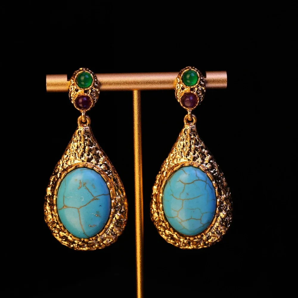 

Fashion New in Vintage Turquoise Earrings Red Stone Water Drop Retro High-end Earrings Personalized Classic Earrings for Women