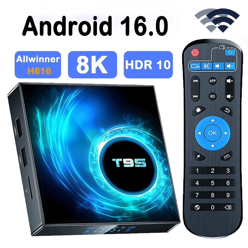 

ТВ-приставка T95 Android 16.0 с двухдиапазонным Wi-Fi 2.4G/5G, процессором Allwinner H616 Quad Core, 4 ГБ ОЗУ и 32/64/128 ГБ ПЗУ, медиаплеер