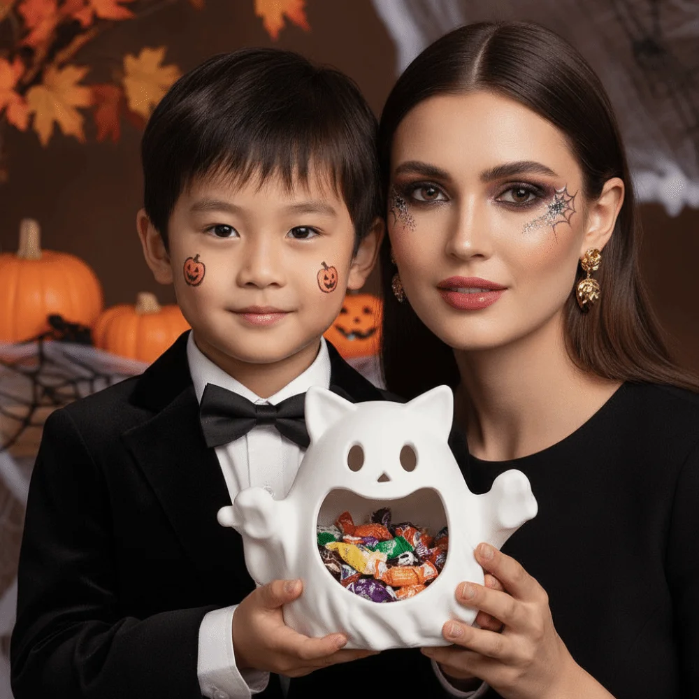 PLA Material Ghost Cat Candy Dish Solid White Hollow Inside Halloween Storage Tray Lightweight Design Matte Surface