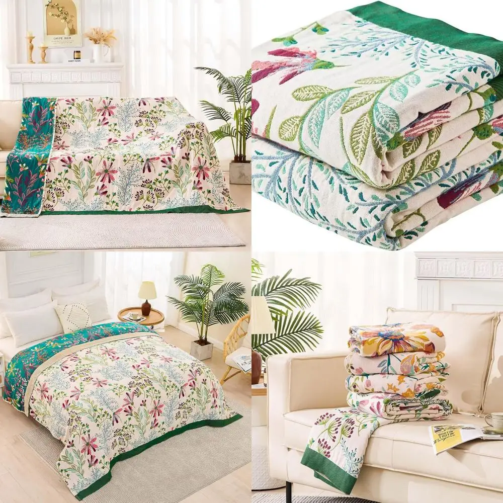

Floral Boho Cotton Quilt, 90x98 Reversible Rustic Throw Blanket for Fall, Soft All-Season Farmhouse Decor
