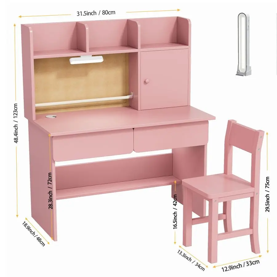 Wooden Kids Study Desk and Chair Set, Childrens Desk with Light and Paper Roll Rack, 2 Drawers,Storage Cabinets and 3 Storage Op