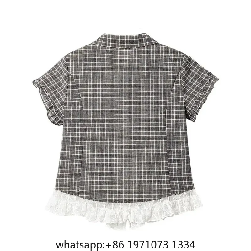 Lace Patchwork Plaid Shirt Women Summer Sweet Short Sleeve Vintage Blouse Slim Sweet Retro Japan Kawaii Female Cute Casual Tops view 4