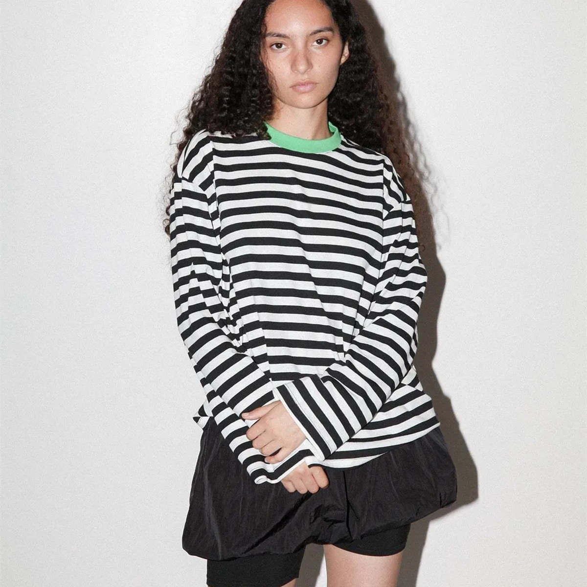 Imcute المرأة الخريف تي شيرت مخطط فضفاضة تناسب عادية أنيق التباين تقليم طاقم الرقبة طويلة الأكمام الأساسية القمم موضة الشارع الشهير