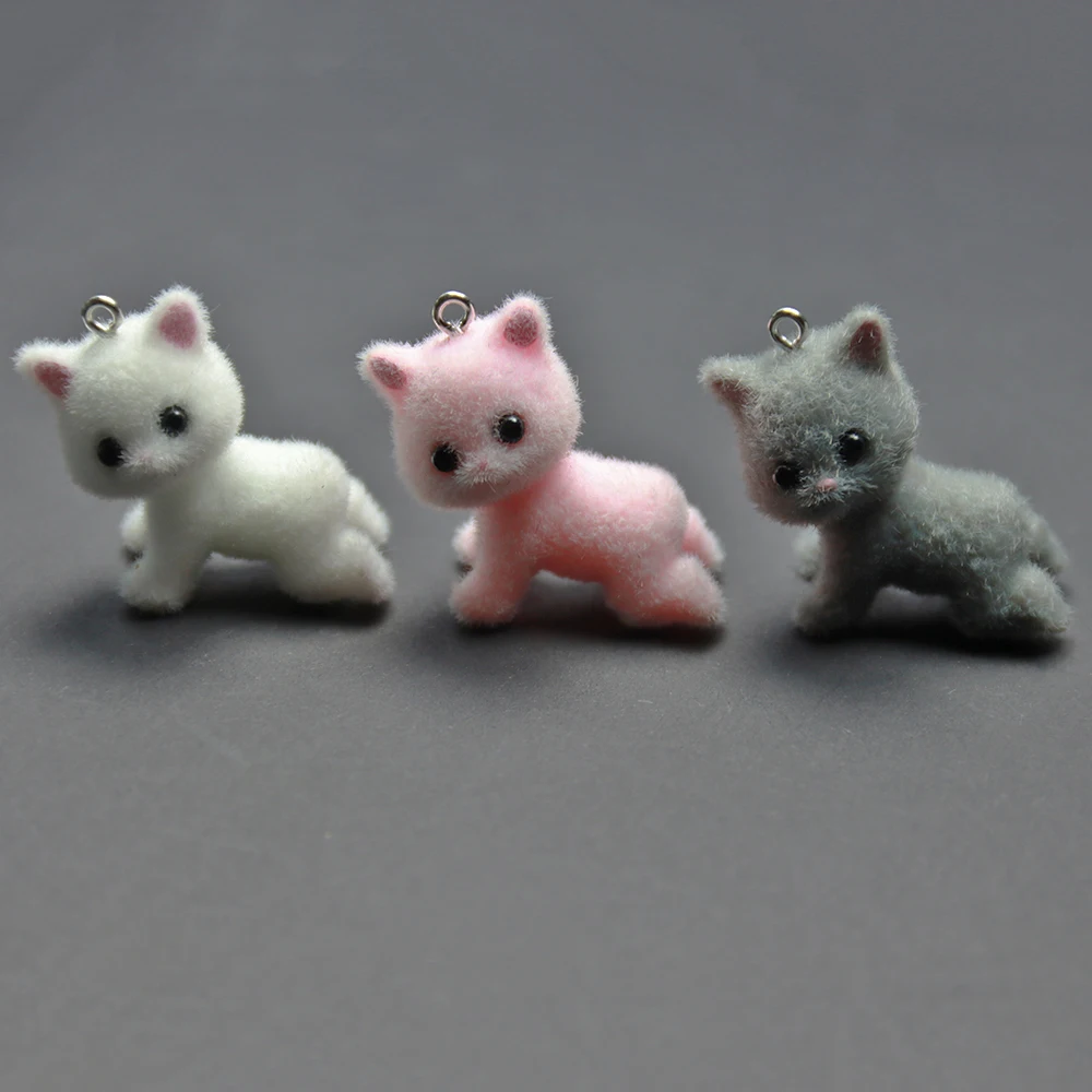 

3PCS Cat Pendant Kawaii Walk 3D Fluffy Flocking Animal Cat Charms Miniature Dolls Keychain Necklace Pendant DIY Jewelry Make