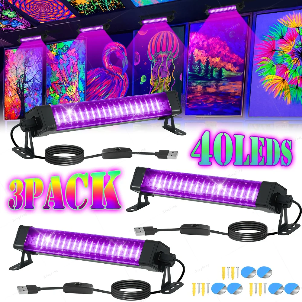 1/3 Pack LED Black Light Tube, 8W USB Black Light, 360 Degree Rotation for Halloween Glowing Party Cabinet Decoration