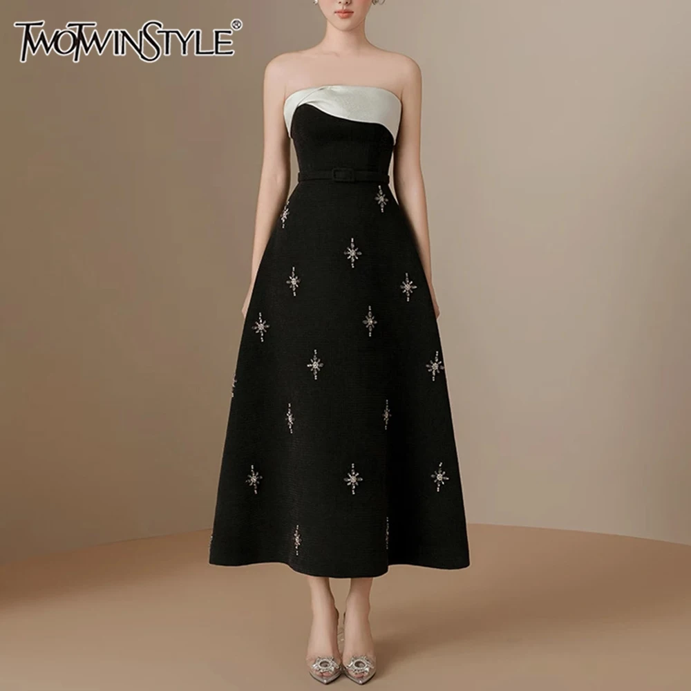 

TWOTWINSTYLE Hit Color Dresses For Women Strapless Sleeveless High Waist Patchwork Folds A Line Formal Dress Female Fashion 2024