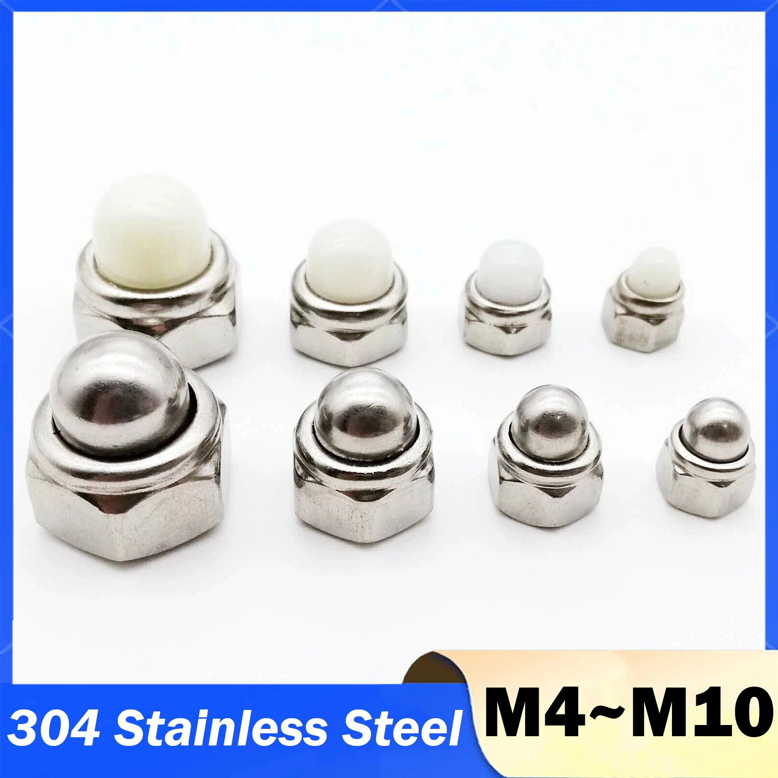 2/10pc M4 M5 M6 M8 M10 M12 DIN986 Stainless Steel Acorn Cap Cover Semicircle Dome Hex Nylon Insert Lock Nut Self-locking Locknut