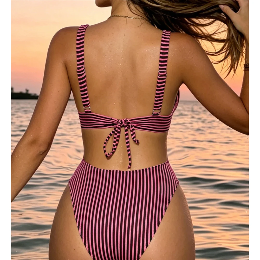 Sexy gestreifter Badeanzug mit tiefem V-Ausschnitt und Cut-Outs für Damen, einteiliger Badeanzug, Monokini mit hohem Beinausschnitt, Badebekleidung, Badeanzug V8198 – Detail 9