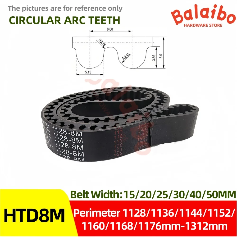 

HTD 8M Perimeter 1128/1136/1144/1152/1160/1168/1176/1184/1192mm-1312mm High Torque Rubber Timing belt Width 15/20/25/30/40/50mm