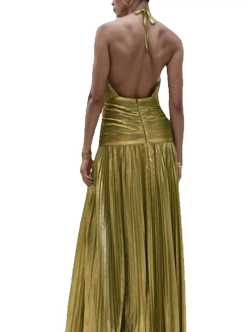 Vestido de noche formal largo plisado sin espalda con cuello halter sexy