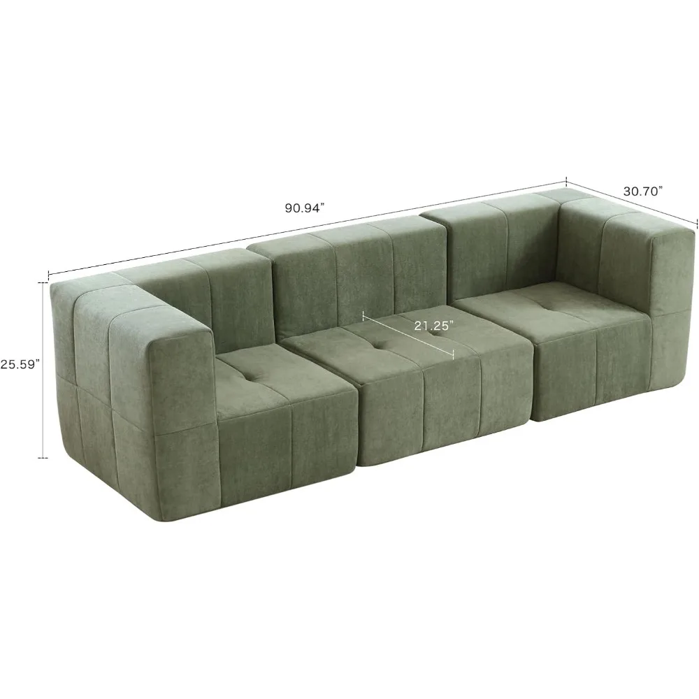 Modular Sectional Sofa Couch Modern Compressed Sofa Couch 3-Seat Foam Couch for Living Room, Apartment, Studio, Office (Green)