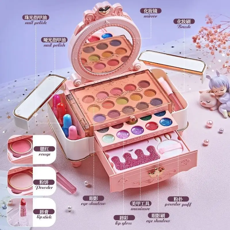 Juego de maquillaje de cosméticos para niños, Maleta, estuche de tocador, lápiz labial de princesa para niñas, juego de sombra de ojos, regalo de cumpleaños, juguetes, caja de belleza