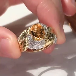 Huitan Gorgeous Women Rings with Champagne Cubic Zirconia Gold Color Engagement Wedding Band Accessories Gift New Trendy Jewelry