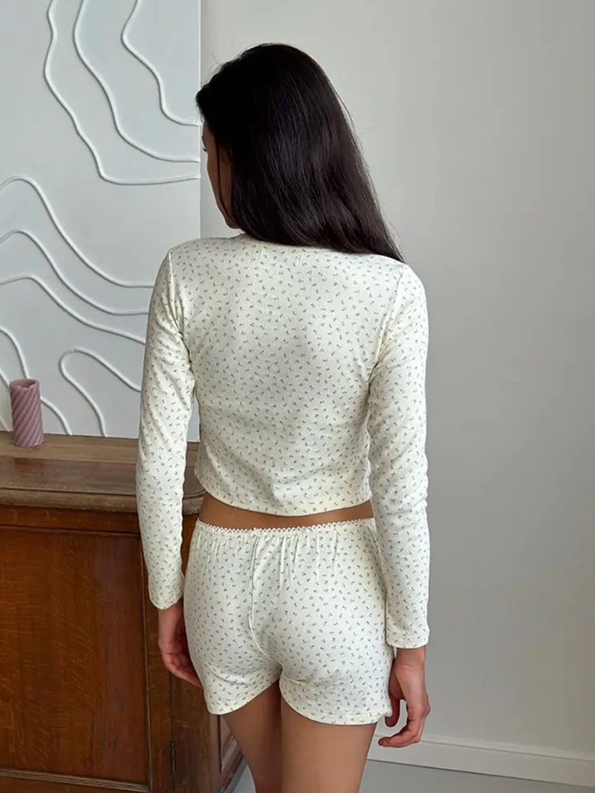 Marthaqiqi Home Clothes Women O-Neck Pajamas Long Sleeve Sleepwear Sexy Crop Top Nightgowns Shorts Printing Ladies Nightwear Set