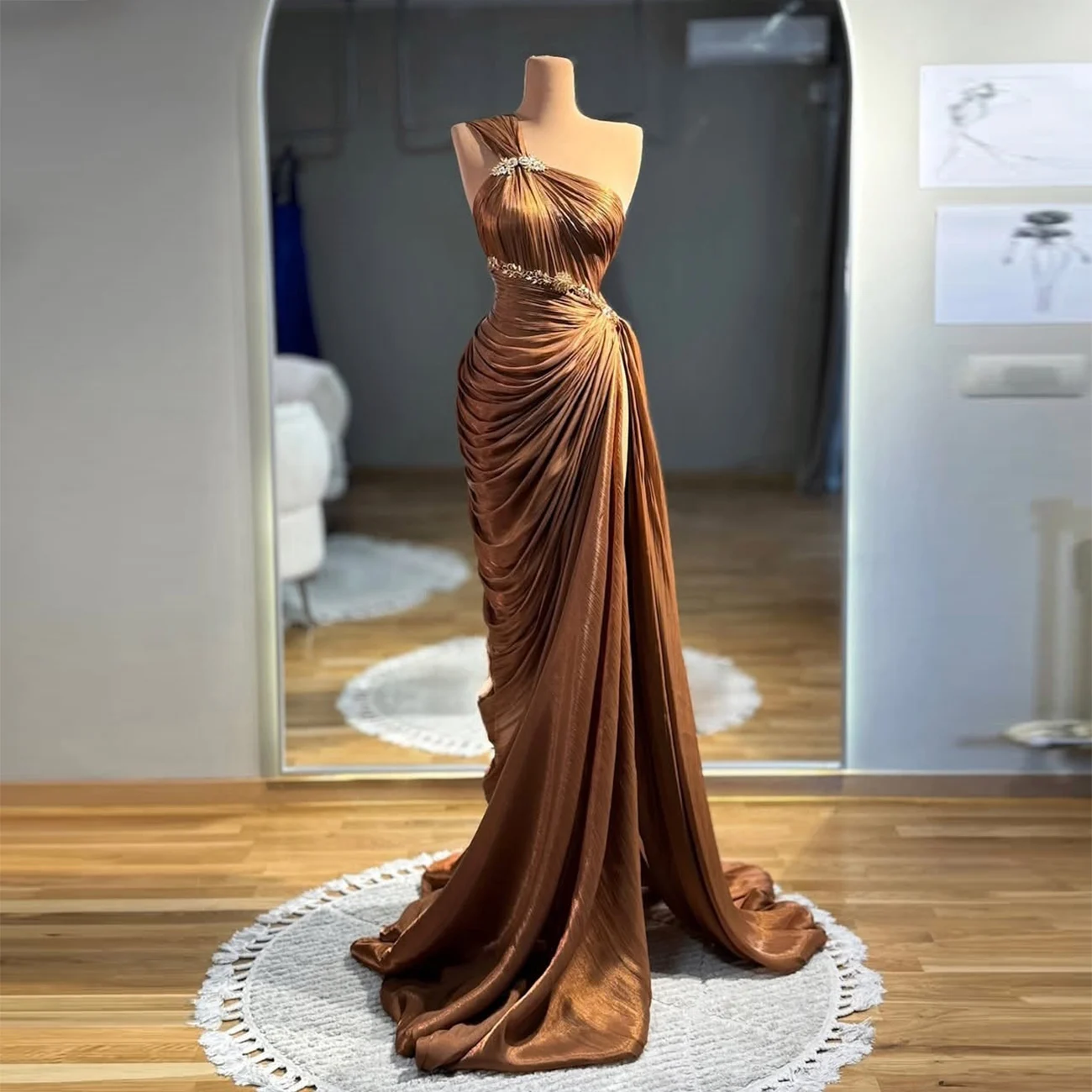 

elegant chocolate one shoulder evening gowns ruched satin pleated prom dress women formal occasion party dress