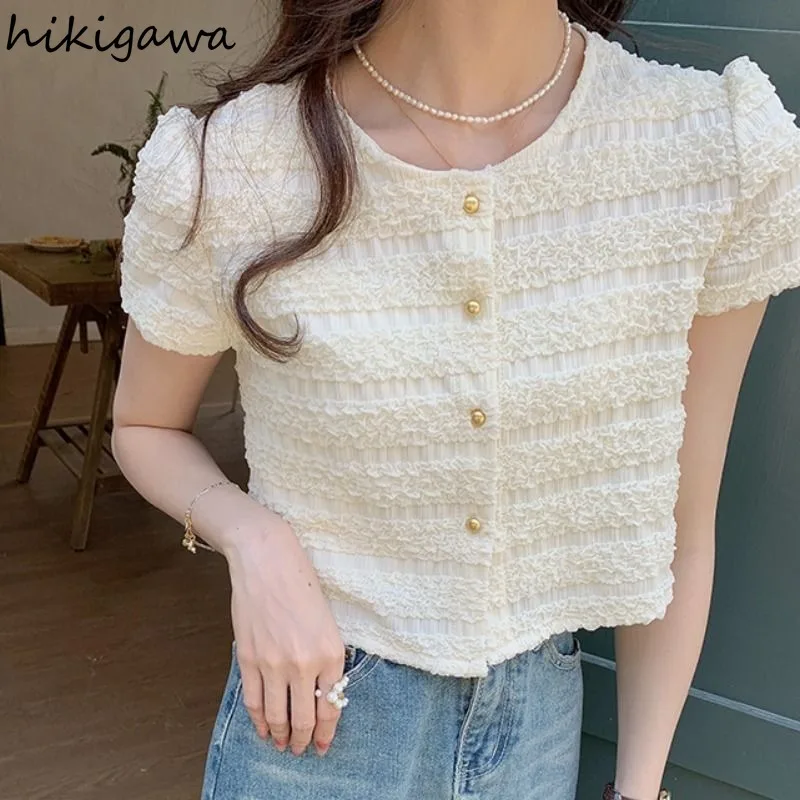 Vintage Women Shirts O-neck Puff Sleeve Tunic Blouses 2023 Blusas Mujer De Moda Temperament Tops Fashion Korean Folds Blouse