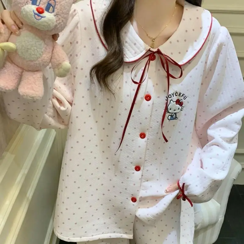 

New Sanrio Hello Kitty Sweet Polka Dot Cartoon Pajamas Set Thickened Warm Padded Women Homewear Outdoor Wearable Autumn Winter