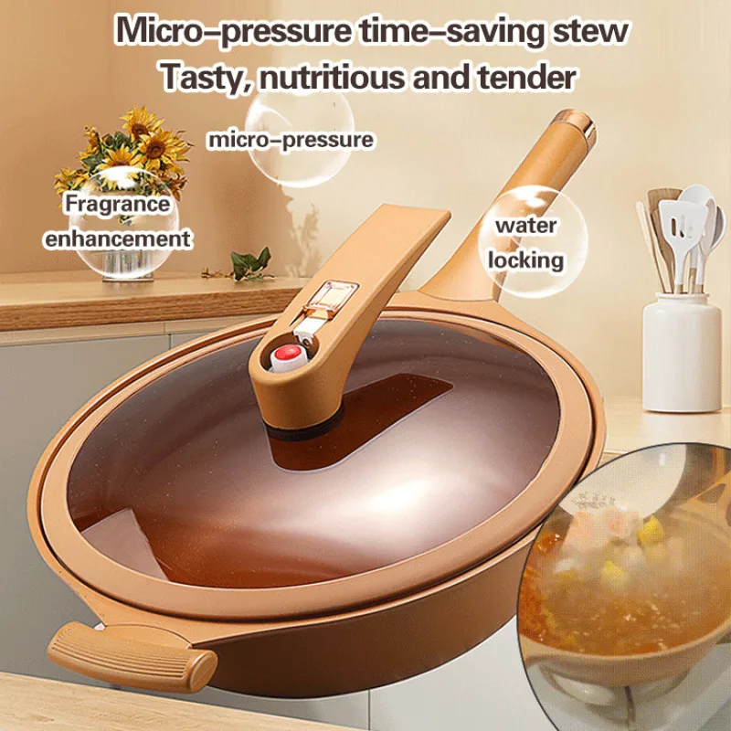 Clay material micro pressure non-stick wok household non-coated transparent glass lid multifunctional wok