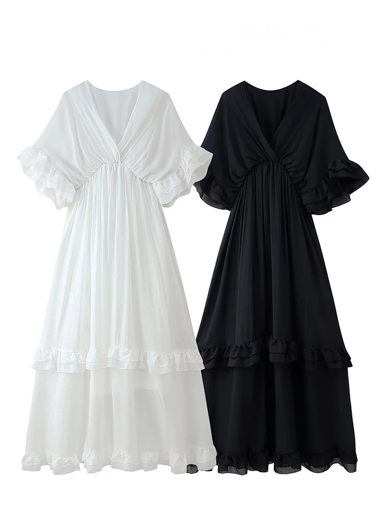 เดรสยาวทรงเอวเข้ารูป แขนสั้น คอวี ผ้าเรียบ สไตล์ลำลอง แต่งระบายชายกระโปรง จับจีบ เซ็กซี่ สำหรับผู้หญิง แฟชั่นฤดูร้อน HH