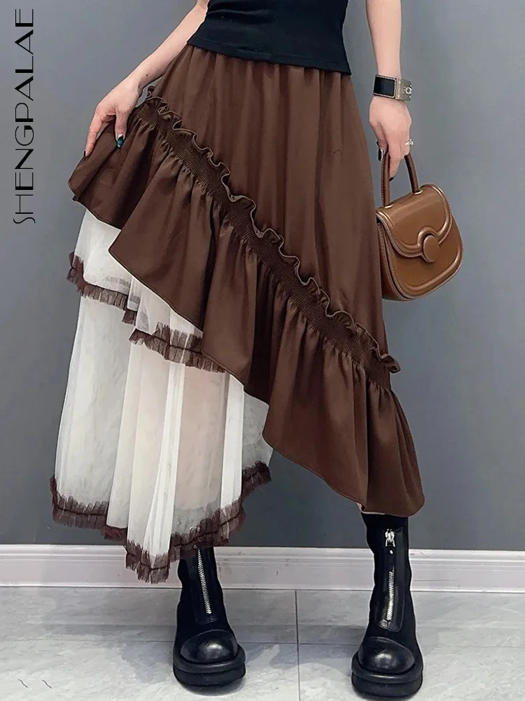 SHENGPALAE Irregular Ruffles Skirt For Women Mesh Patchwork Niche Design Chic Mid Calf Skirts Female Spring 2024 New Tide 5R9224