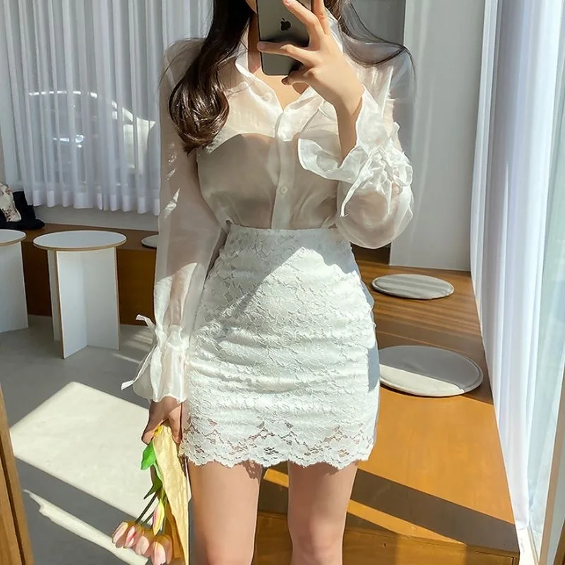 High Quality New Korean Style Vintage Trend Stylish Lace Skirts for Women White Wrap Tight Gyaru Women's Skirt Midi Clothes