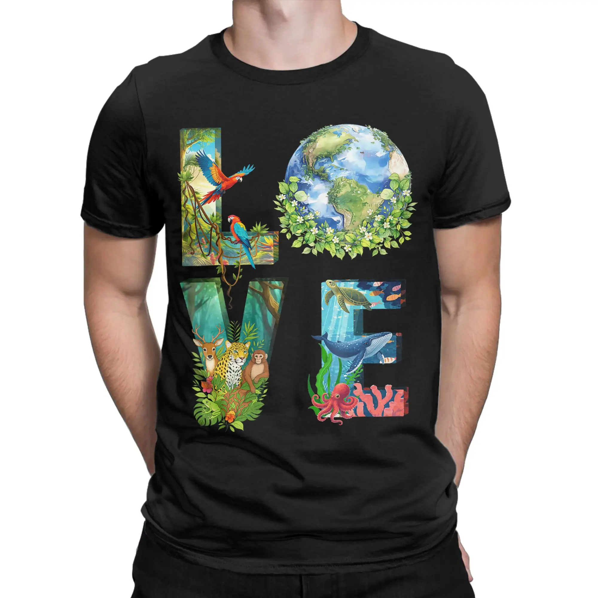 Earth Love Power Peace World T Shirts for Men Cotton Funny T-Shirts Crewneck  Tee Shirt Short Sleeve Tops Unique