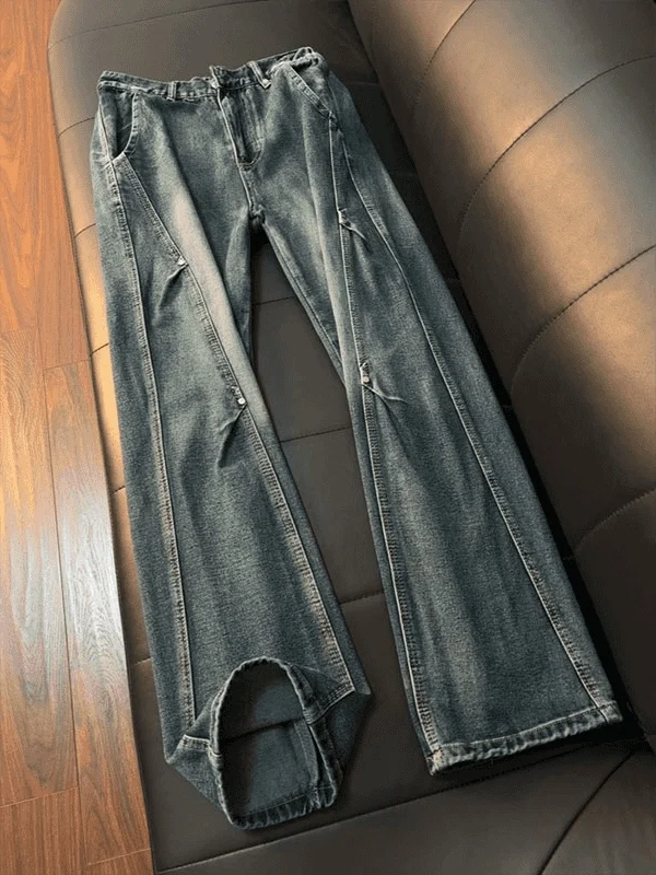 

American Retro Waed Sideways Cut Jeans Men's Spring High Street Micro Flared Pleated Rivet Straight Leg Jeans