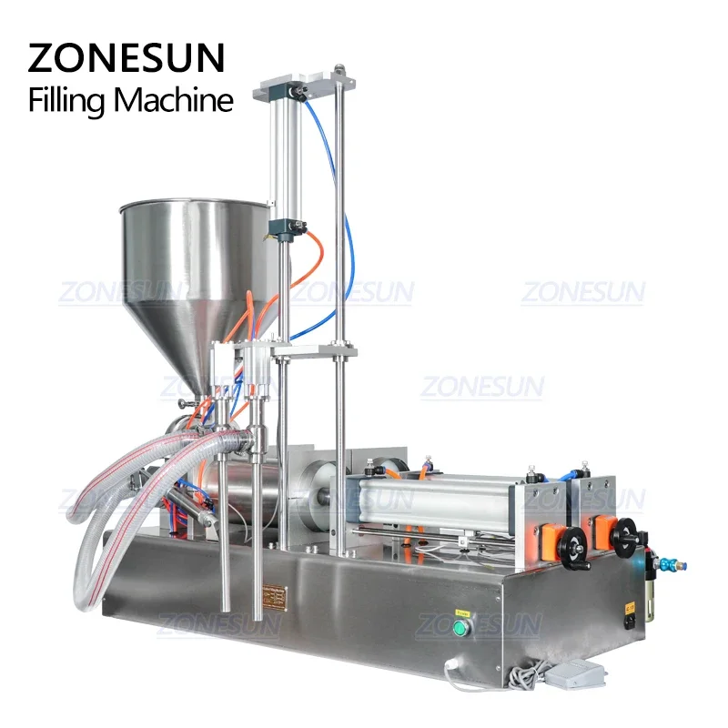 ZONESUN Tabletop Pneumatic 2 Diving Heads Shampoo Shower Gel Laundry Detergent Soap Liquid Bottle Piston Filling Machine