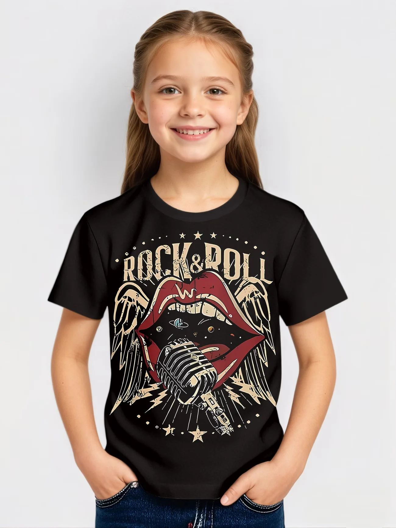 Summer Boys Girl  T Shirt Kids Baby Youth Men Women Tee Streetwear Oversize Casual Black Background Rock And Roll Red Lips Print