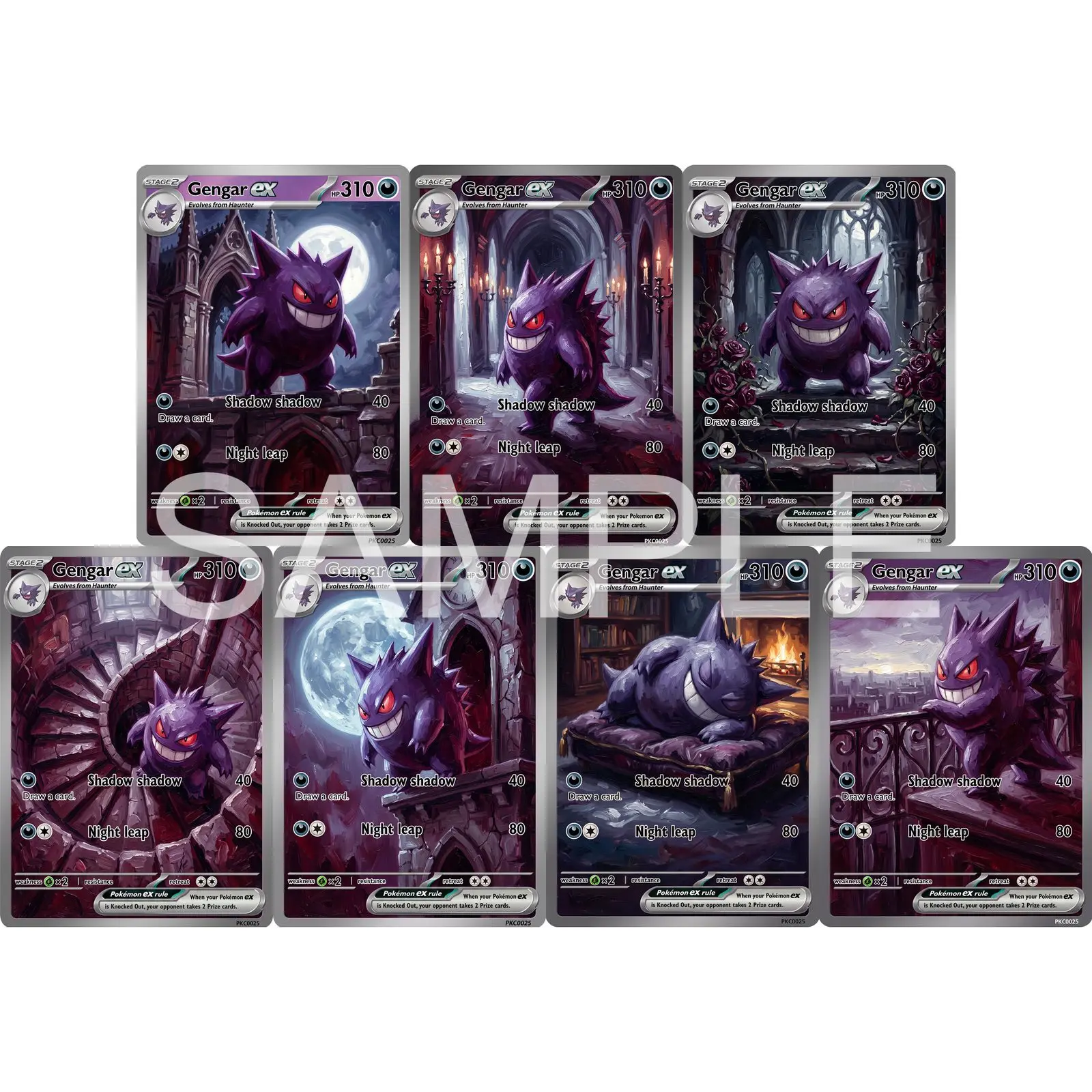 7Pcs PKM Cards PTCG Gothic Oil Painting Style Gengar Moonlit Castle Seven Unique Scenes Art Collection Display Set Cards PTCG