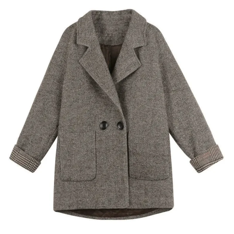 ​Women's 2025 New Autumn Winter Korean British Style Wool Blend Blazer Loose Fit Slimming Retro Elegant Casual Coat​