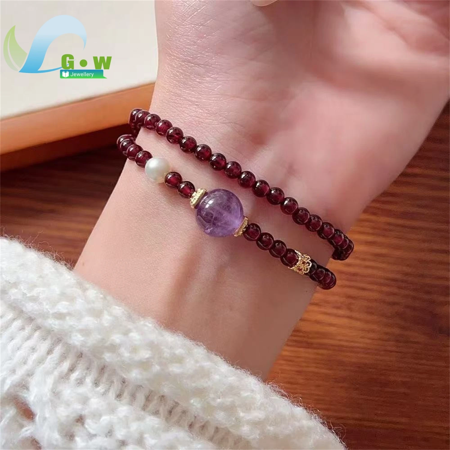 Natural Garnet Double Wrap Bracelet Amethyst Hetian Jade Beads Elegant Chinese Style Women's Retro Ethnic Style Jewelry Gift
