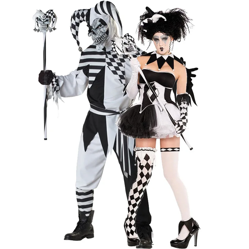 2025 Men Clown Cosplay Costume Halloween Gothic Suit Black White Set Day of The Dead Outfit Festival Clothing Carnival PartyWear