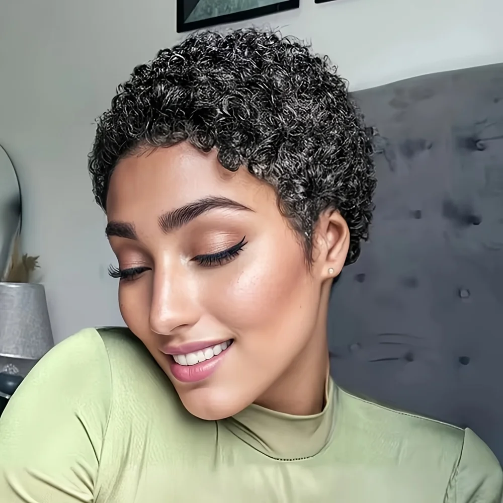 密度150% 4インチ フルマシンメイド ショートアフロカーリー人毛ウィッグ アフロショートウィッグ 女性用ピクシーカットウィッグ人毛
