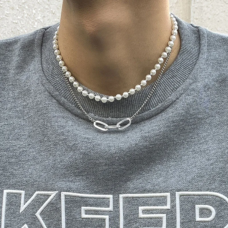 Double Layer Pearl Choker Necklace for Man y2k Pearl Beads Chain Necklace Statement Neck Chains Men Neck Jewelry Accessories