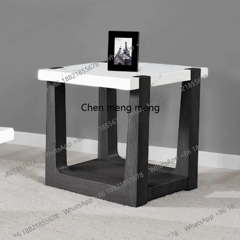 End Table with Faux Marble Top, Two-Tone Black and White Finish for Living Room