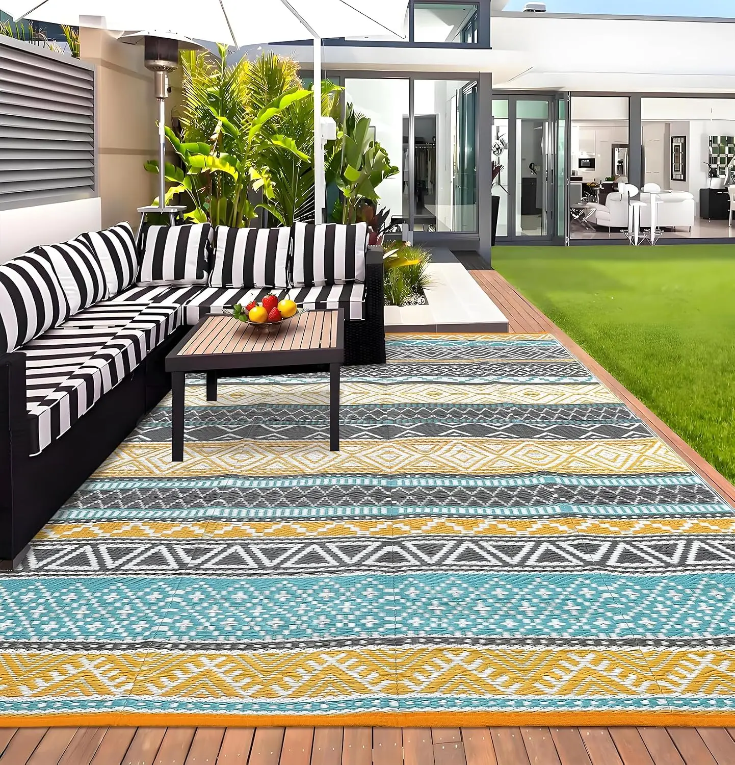 9' X 12' Reversible Bohemian PP Woven Outdoor Rug – UV Resistant, Waterproof Plastic Tube Mat, Portable Lightweight Carpet for Patio, Deck, RV, Camping, Balcony, Porch – Yellow & Multicolor