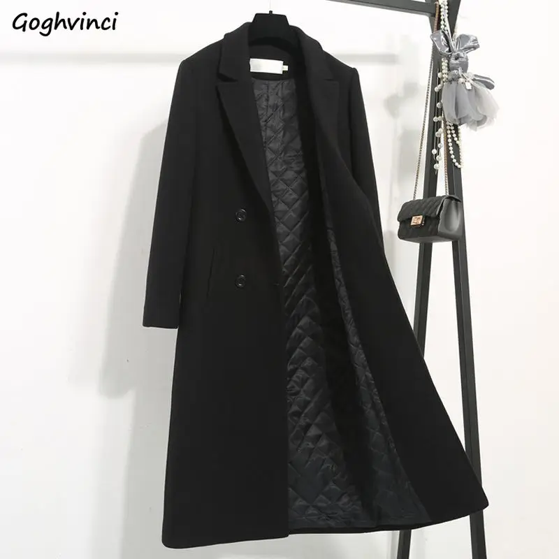 

Blends Women Black Coat Thicken Office Lady Elegant Fashion Slim Casual Streetwear Classic Warm Simple Korean Style Long Sleeve