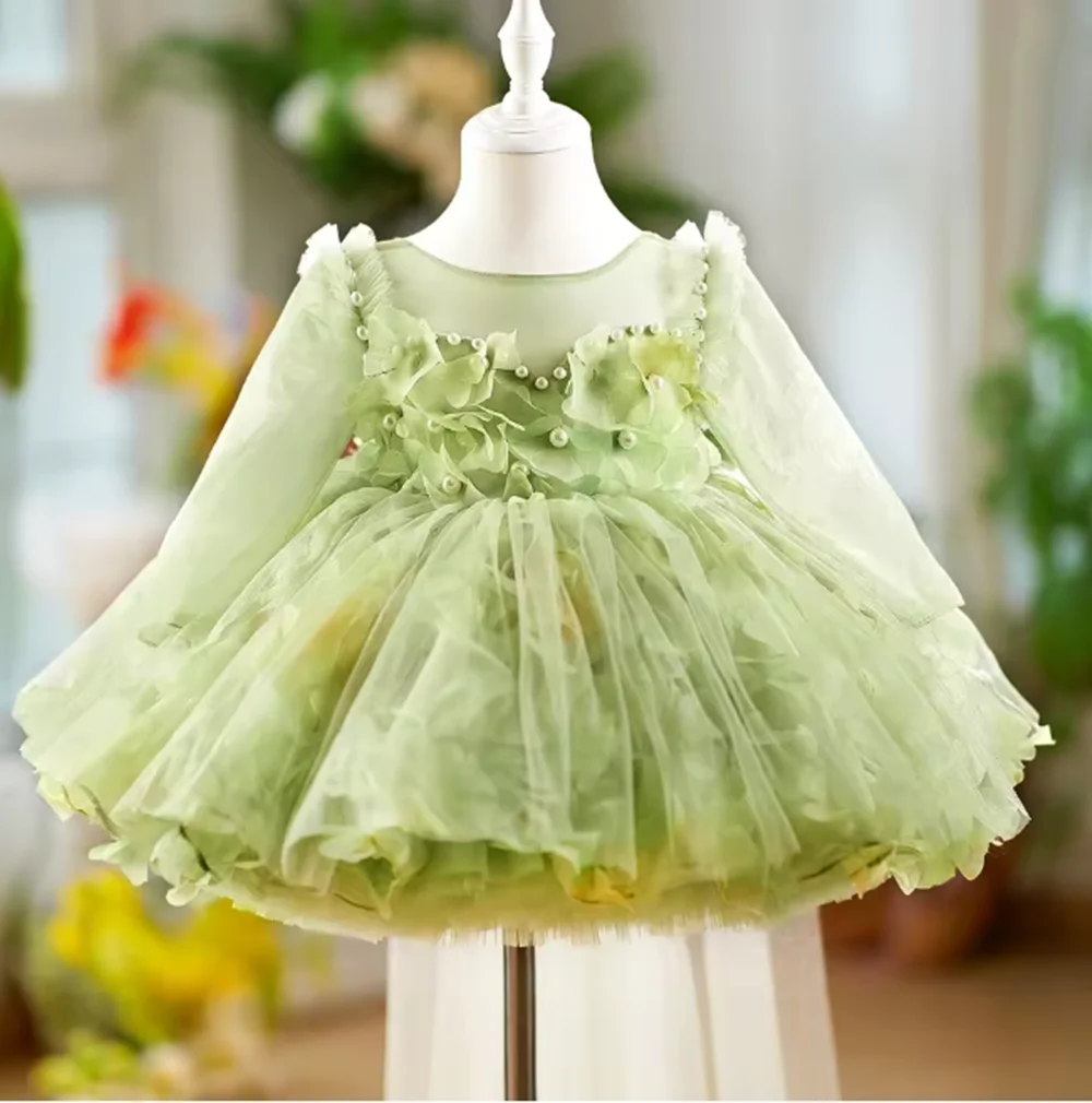 

Lovely Sage Green Flower Girl Dress Long Sleeve Pearls for Baby Kids Wedding Birthday Party Pageant Ball Gown