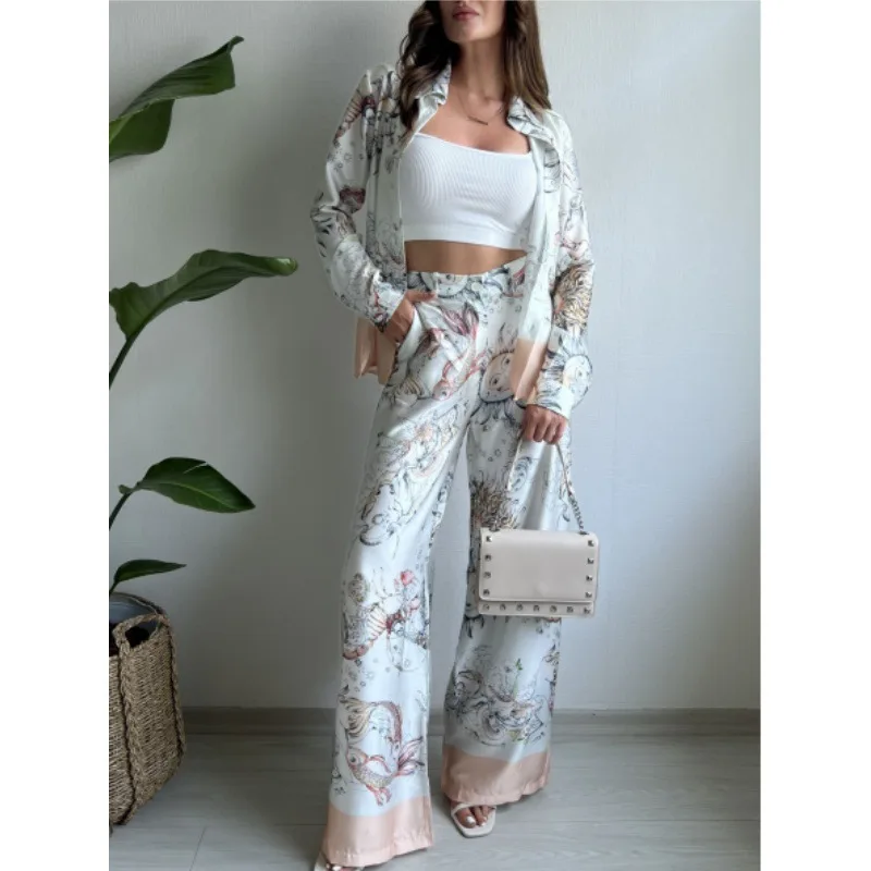 

Printed long-sleeved top wide-leg pants two-piece set fashionable simple versatile temperament elegant vacation style high-end d
