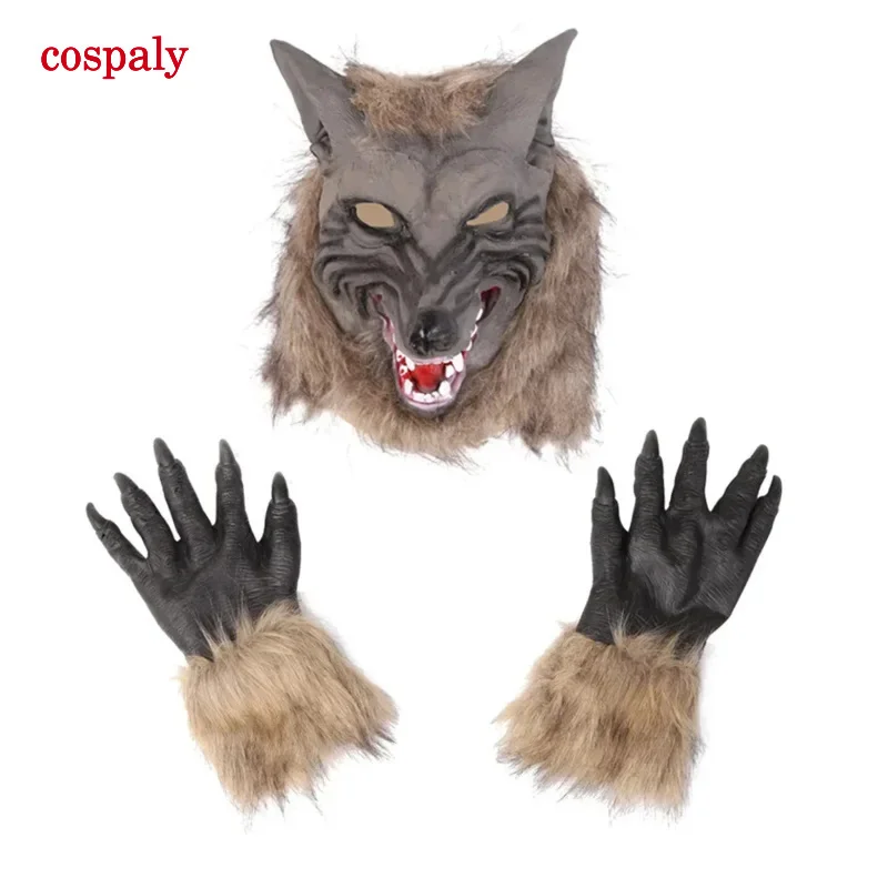 A Creepy Wolf Costume Halloween Cosplay Wolf Mask Werewolf Claws Set Gloves Terror Devil Fancy Headdress Prank Props Wolf Headge