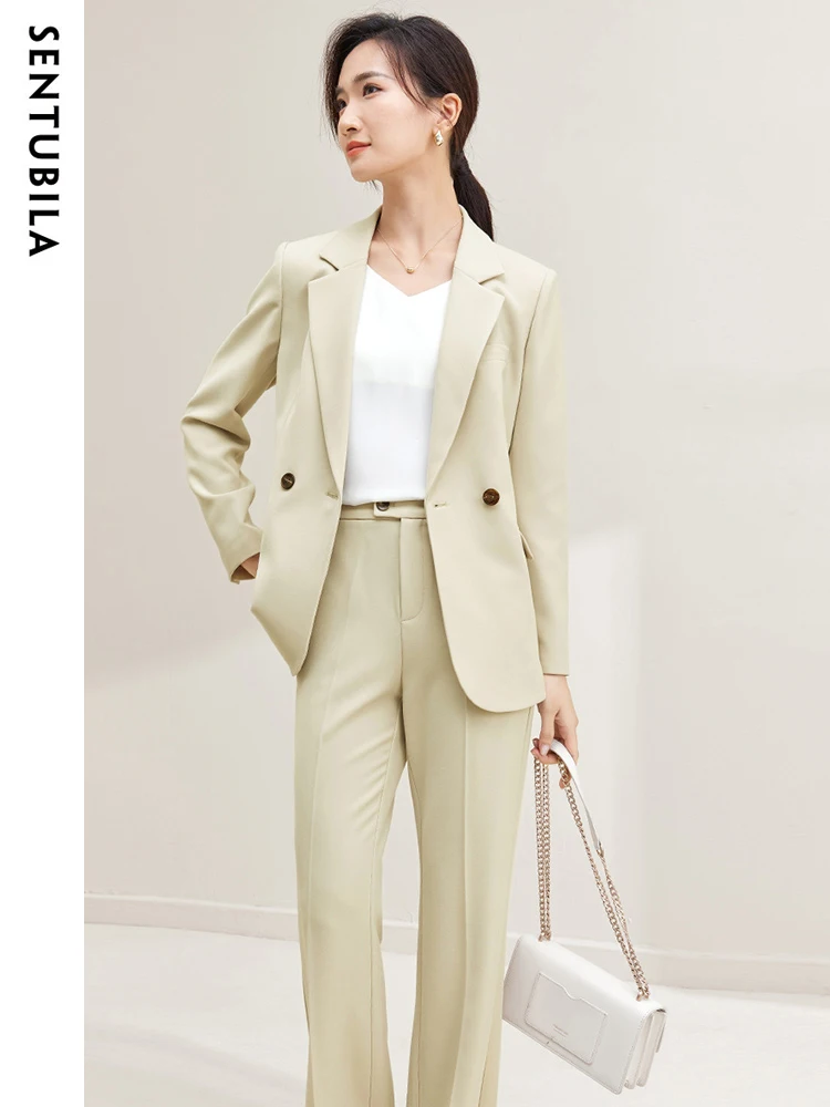 Sentubila 2023 Herfst Winter Nieuw Casual Jasje Blazer Wijde Pijpen Broek Tweedelige Elegante Dames Broek Pak Kantoor Outfit 133z50003