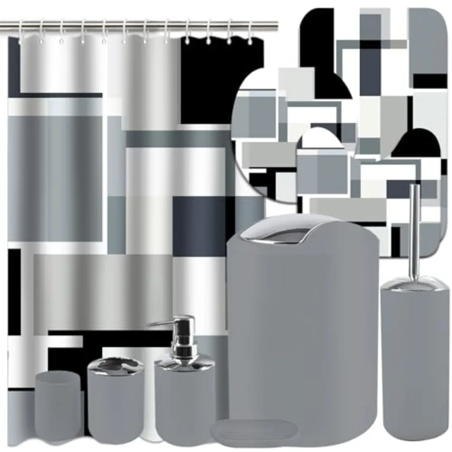 

Grey Black Bathroom Set, 22-Piece Grey Black Geometry Bathroom Decor Set with with Shower Curtain and Rugs, Trash Can, Toilet B