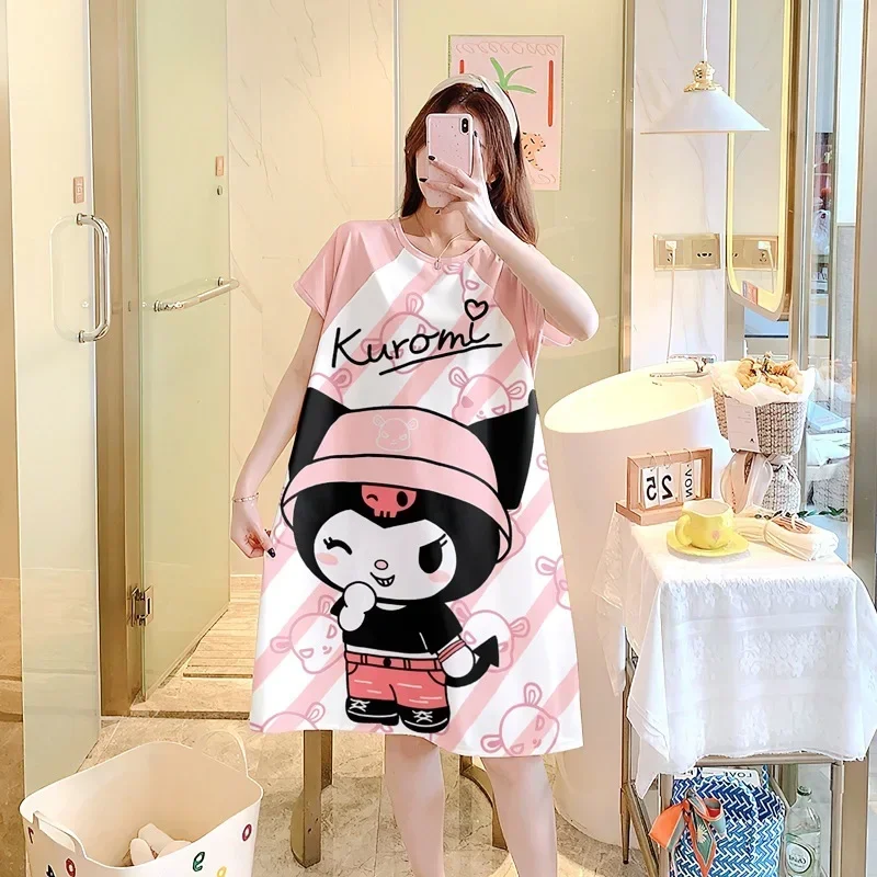 kawaii hello kitty pajamas anime Sanrio Kuromi Stitch cute girl nightgown Loose short sleeves milk shreds Thin loungewear 2024