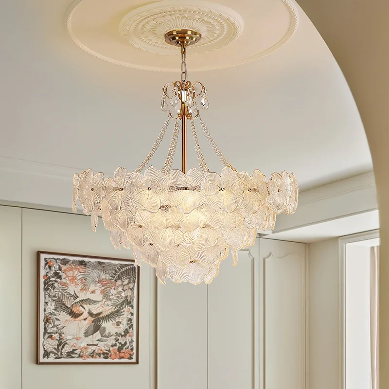 

Luxury French Princess Room Crystal Chandelier Art Petal Villa Pendant Lamp for Living Dining Bedroom Creamy Wind Homestay Decor