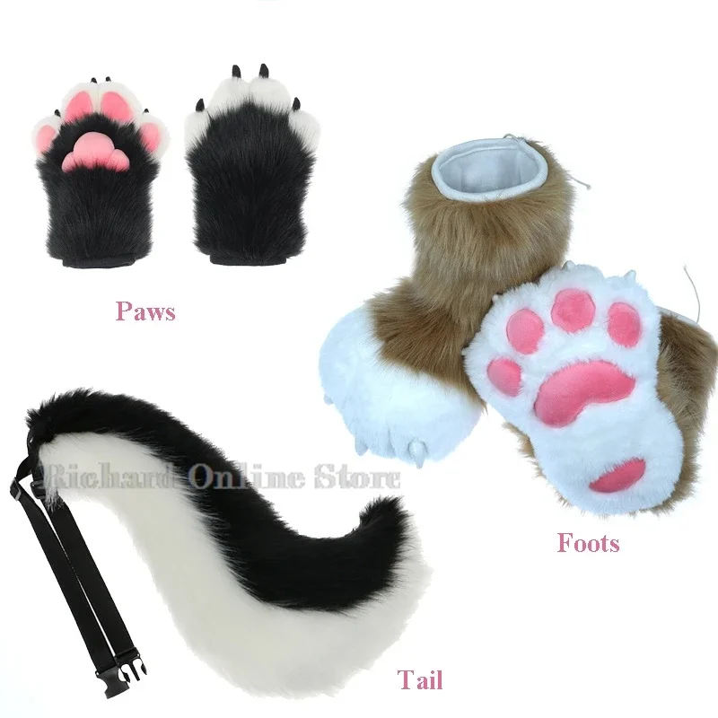 Fursuit Furry Paws Fluffy Shoes Boots Animal Slipper Gloves Acessories Cute Anime Cosplay Fullset Tail Halloween Party Suit