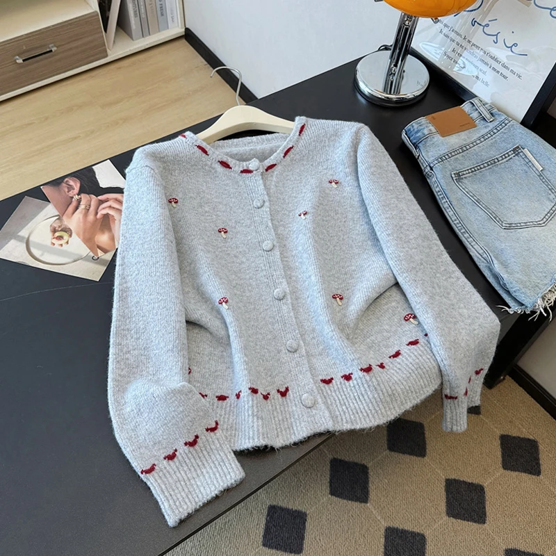 

Korean Sweet Mushroom Decor Knit Cardigan Women Temperament Fashion Round Neck Long Sleeve Soft Sweater Gentle Loose Ladies Tops