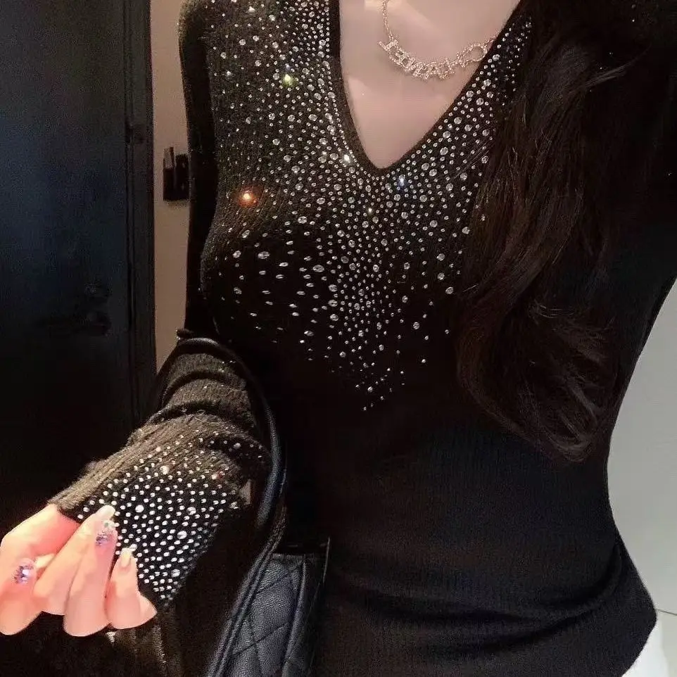 Spring Sexy V-Neck Hot Drill Knitted Sweater 2026 Women Autumn Bling Sweater Female Soft Blouse Jumpers Korean Style Base Shirt