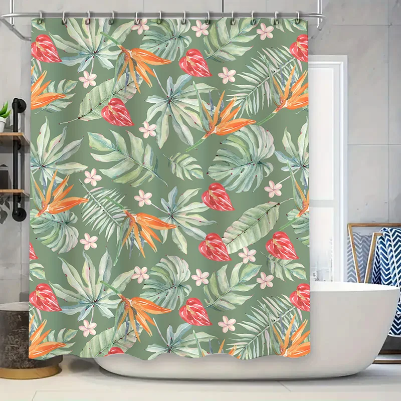 

Tropical Leaf Shower Curtain Green Leaves Birds of Paradise Pattern for Bathroom Decor 180cm Waterproof Fabric Shower
